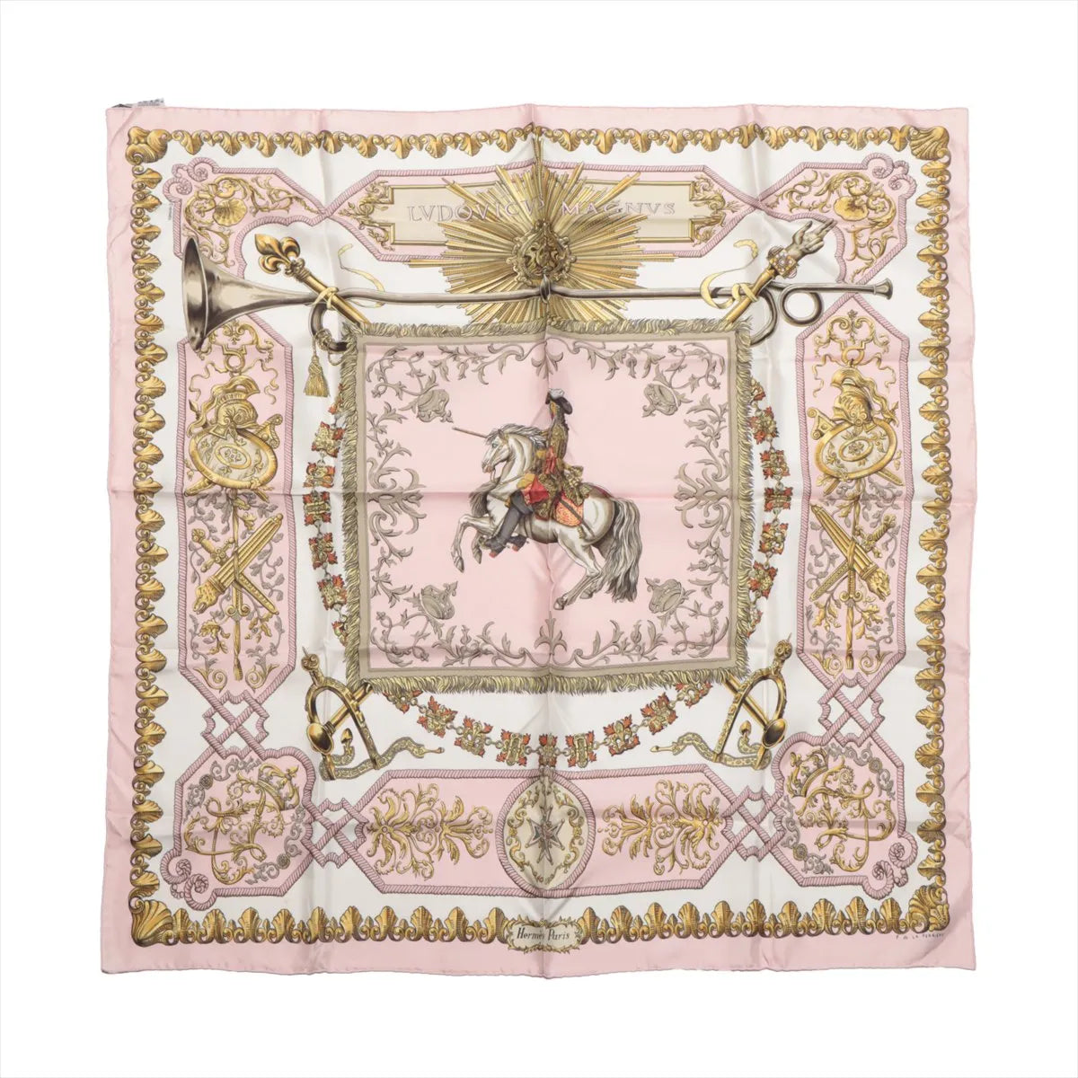 Hermès Carré 90 "LVDOVICVS MAGNVS" silk scarf in pink featuring a central image of Louis XIV on horseback, surrounded by ornate baroque patterns, trumpets, swords, and decorative flourishes in gold tones.