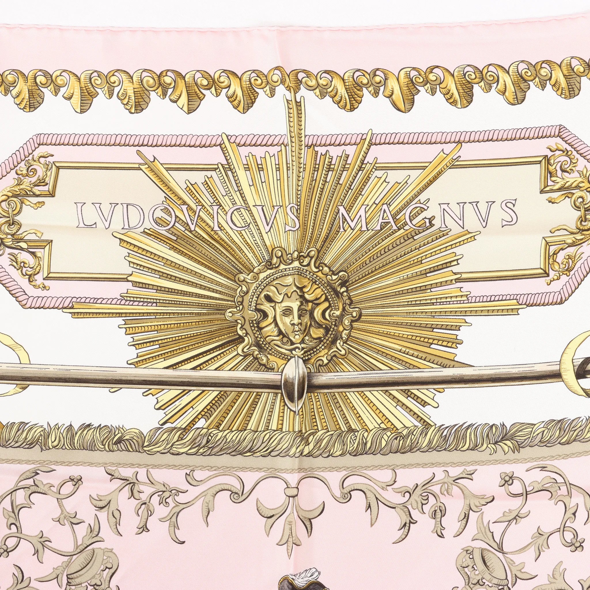 Hermès Carré 90 "LVDOVICVS MAGNVS" Silk handkerchief in Pink