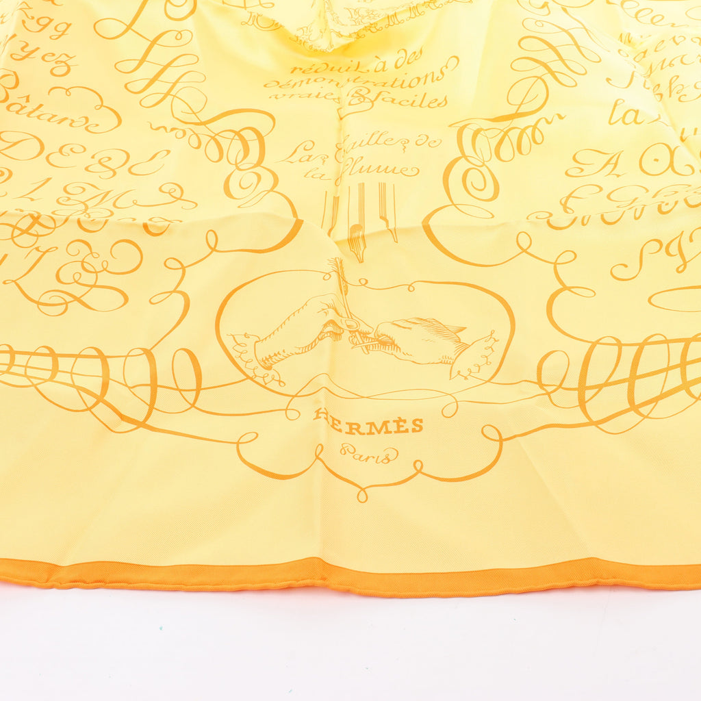 Hermès Carré 90 "L'ART D'ECRIRE" Silk handkerchief in Yellow