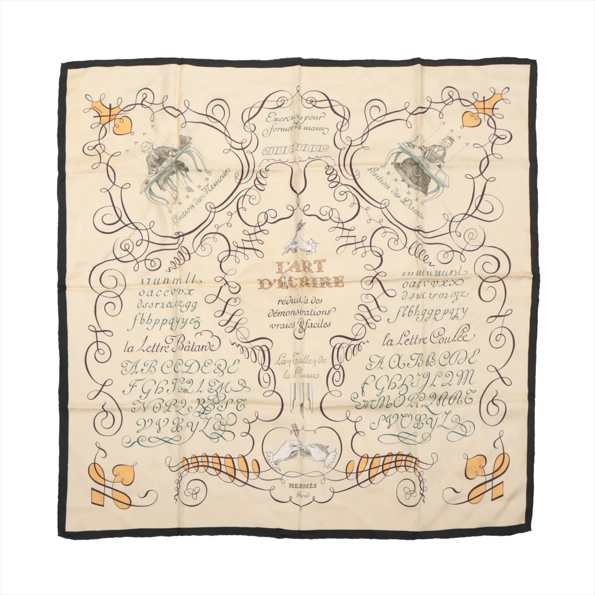 Hermès Carré 90 "L'ART D'ÉCRIRE" silk scarf in beige featuring intricate calligraphy-themed design, vintage-inspired motifs, and dark border detailing.