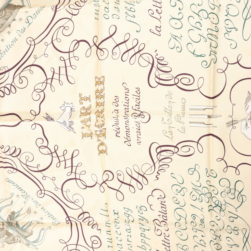 Hermès Carré 90 "L'ART D'ECRIRE" Silk handkerchief in Beige