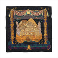 Hermès Carré 90 black silk scarf with gold illustrated city scene, ornate gold column border, and multicolor decorative band along the bottom edge.