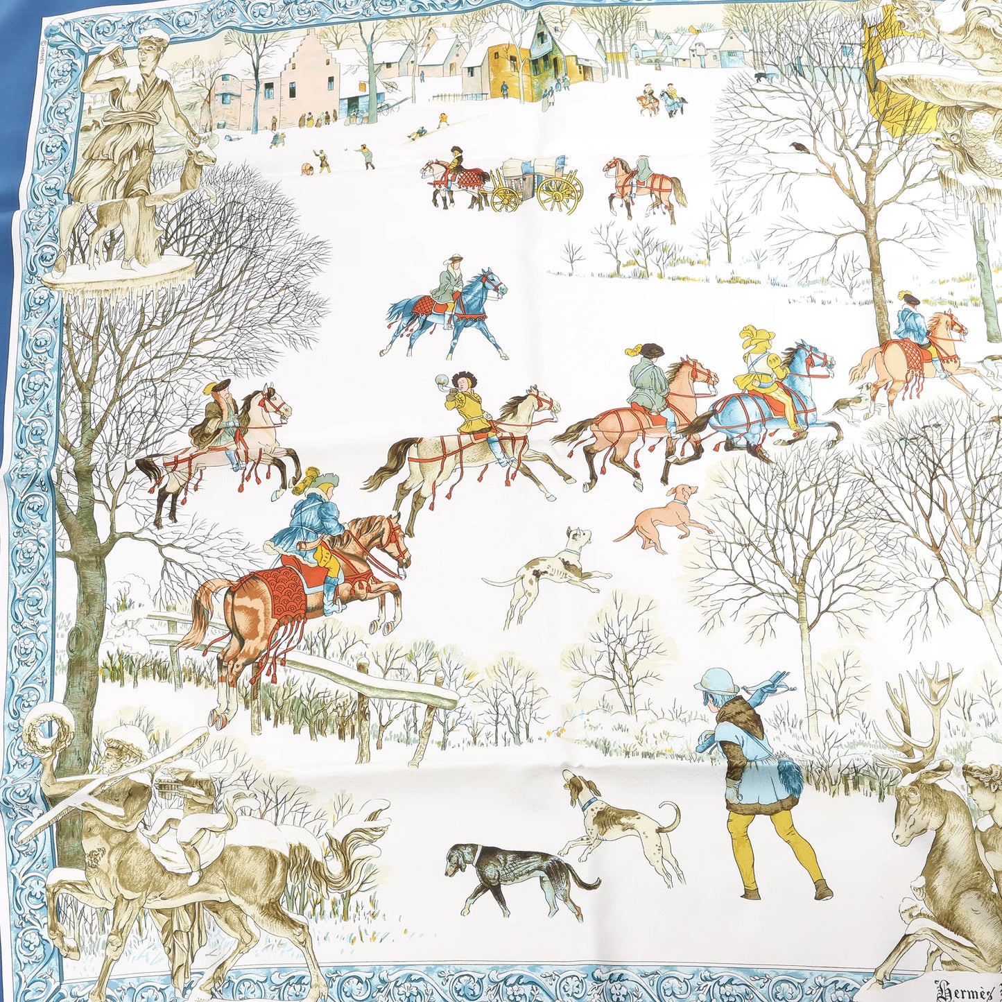 Hermès Carré 90 "L'hiver" Mouchoir en soie en Bleu