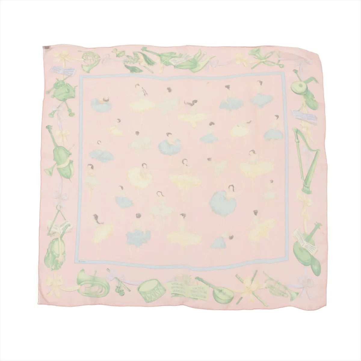 Hermès Carré 90 pink silk scarf with pastel ballet dancers pattern, light blue inner border, and illustrated green figure and instrument border, laid flat