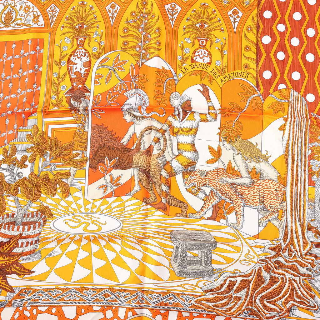 Hermès Carré 90 "La Danse des Amazones" Silk handkerchief in Orange