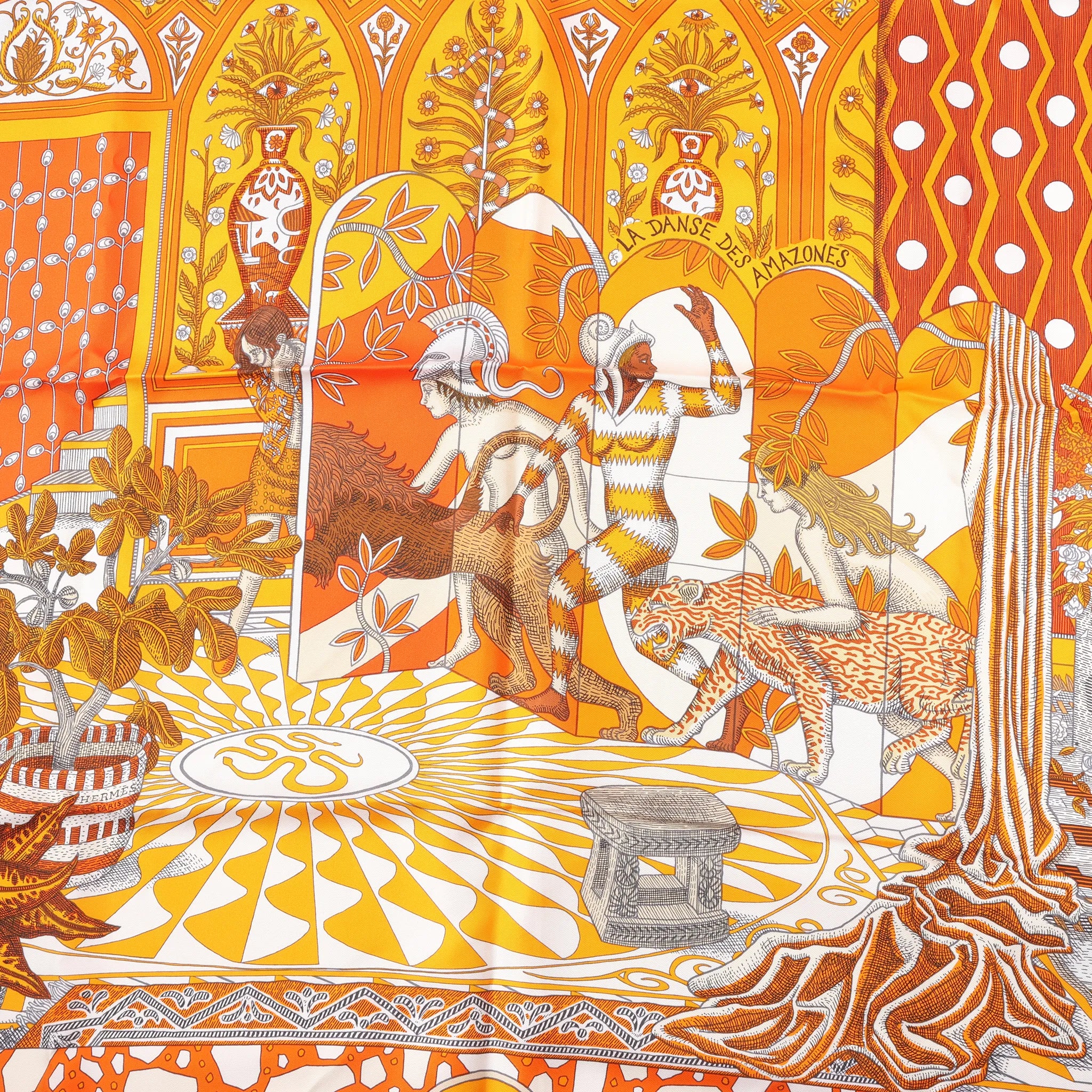 Hermès Carré 90 "La Danse des Amazones" Silk handkerchief in Orange