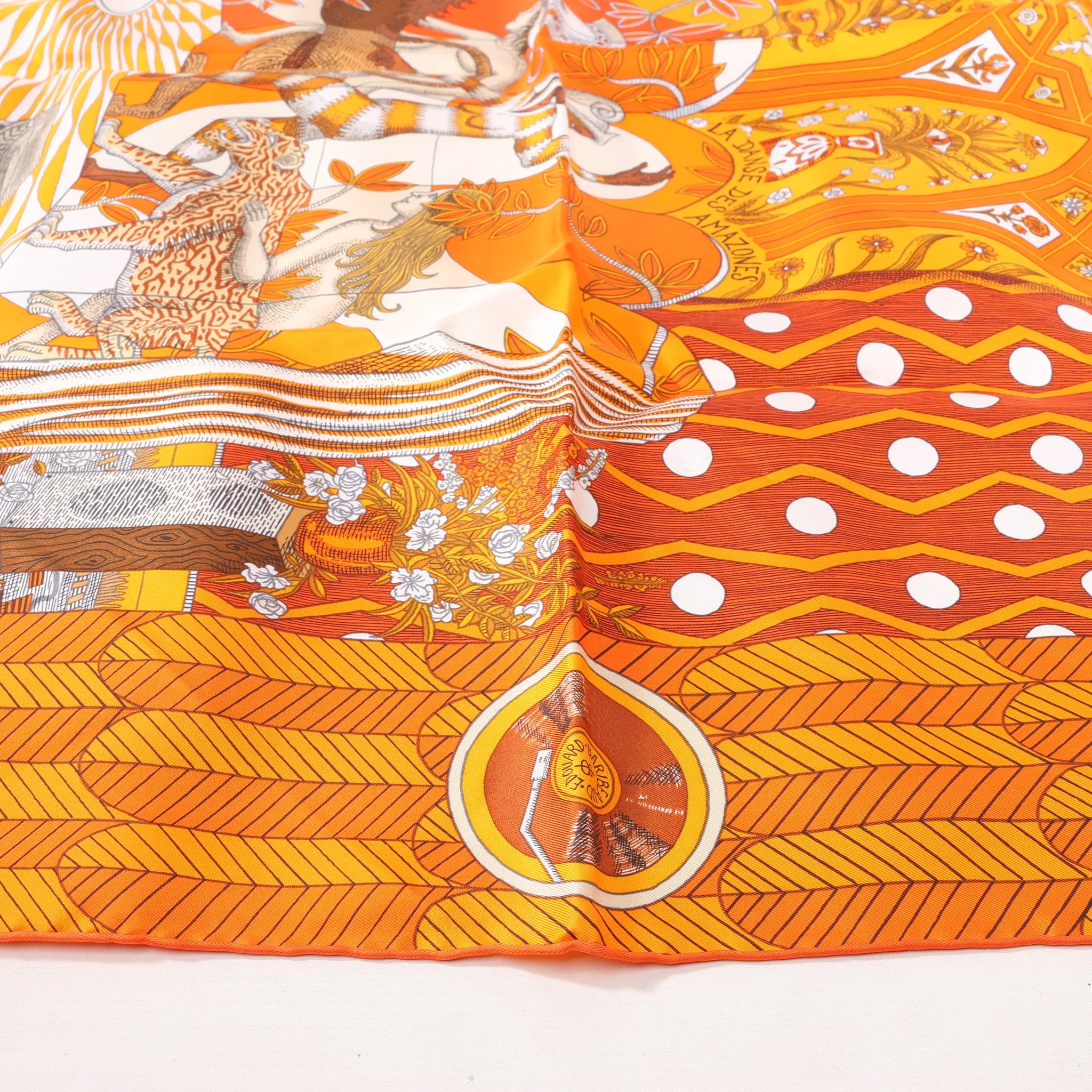 Hermès Carré 90 "La Danse des Amazones" Silk handkerchief in Orange