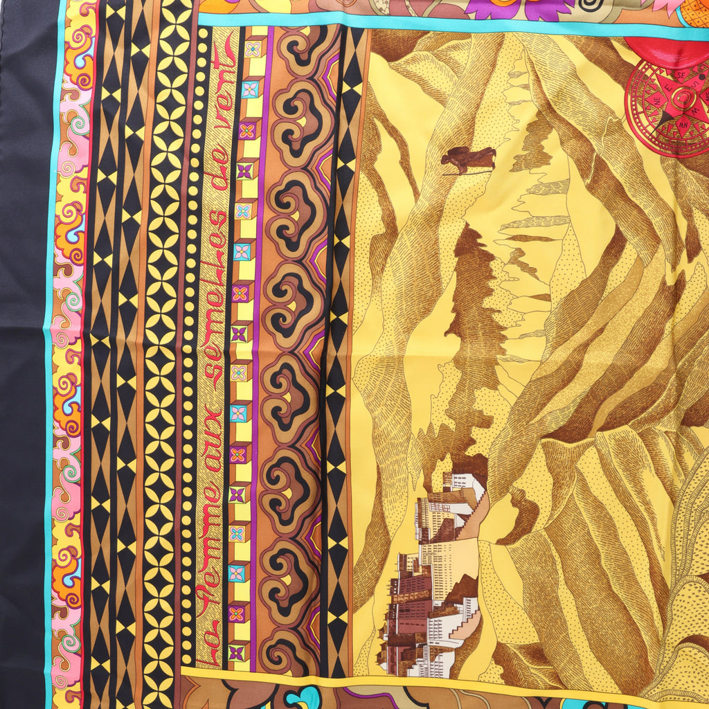 Hermès Carré 90 "La femme aux semelles de vent" Silk handkerchief in Brown x Black