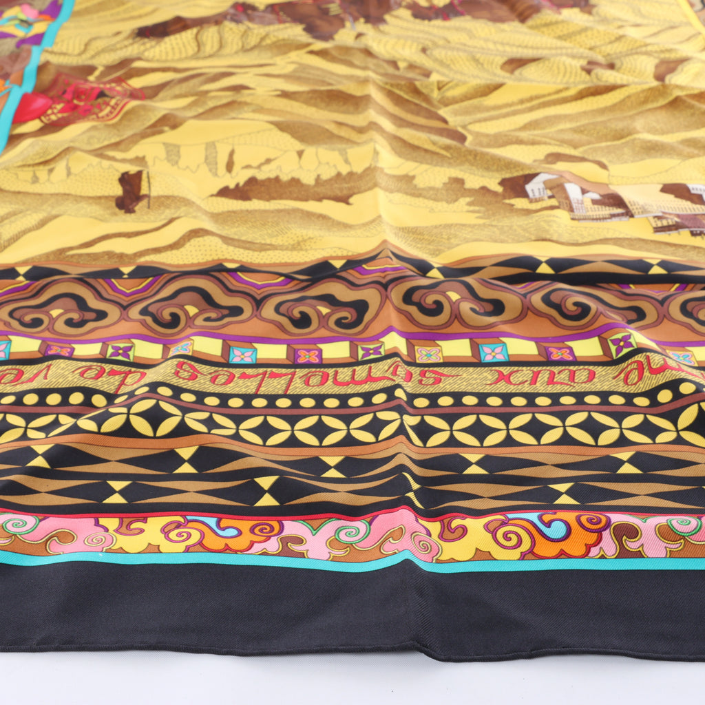 Hermès Carré 90 "La femme aux semelles de vent" Silk handkerchief in Brown x Black