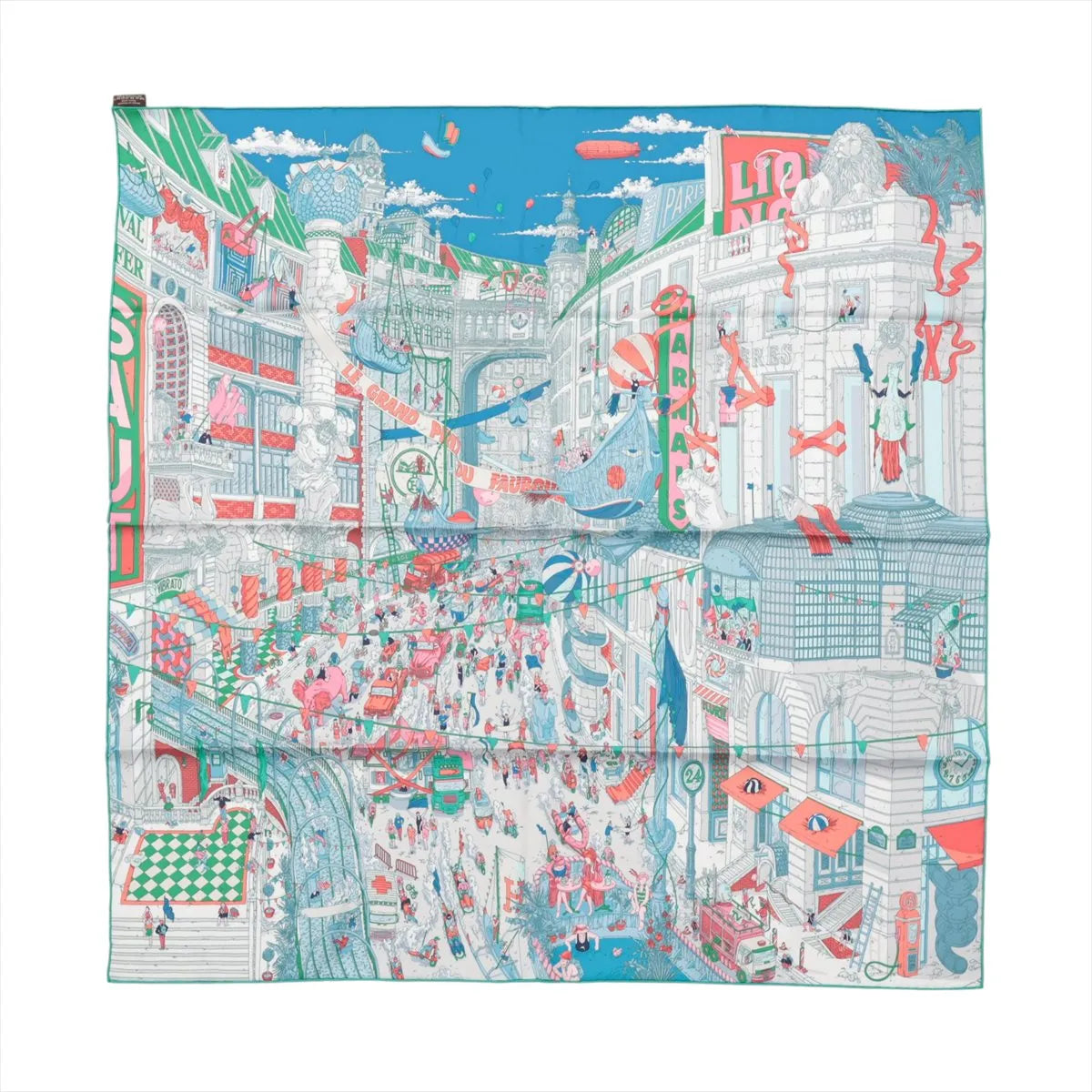 Hermès Carré 90 "Le Grand Prix du Faubourg" silk scarf in blue featuring a highly detailed and colorful Parisian cityscape with bustling crowds, storefronts, race cars, balloons, and whimsical illustrations.