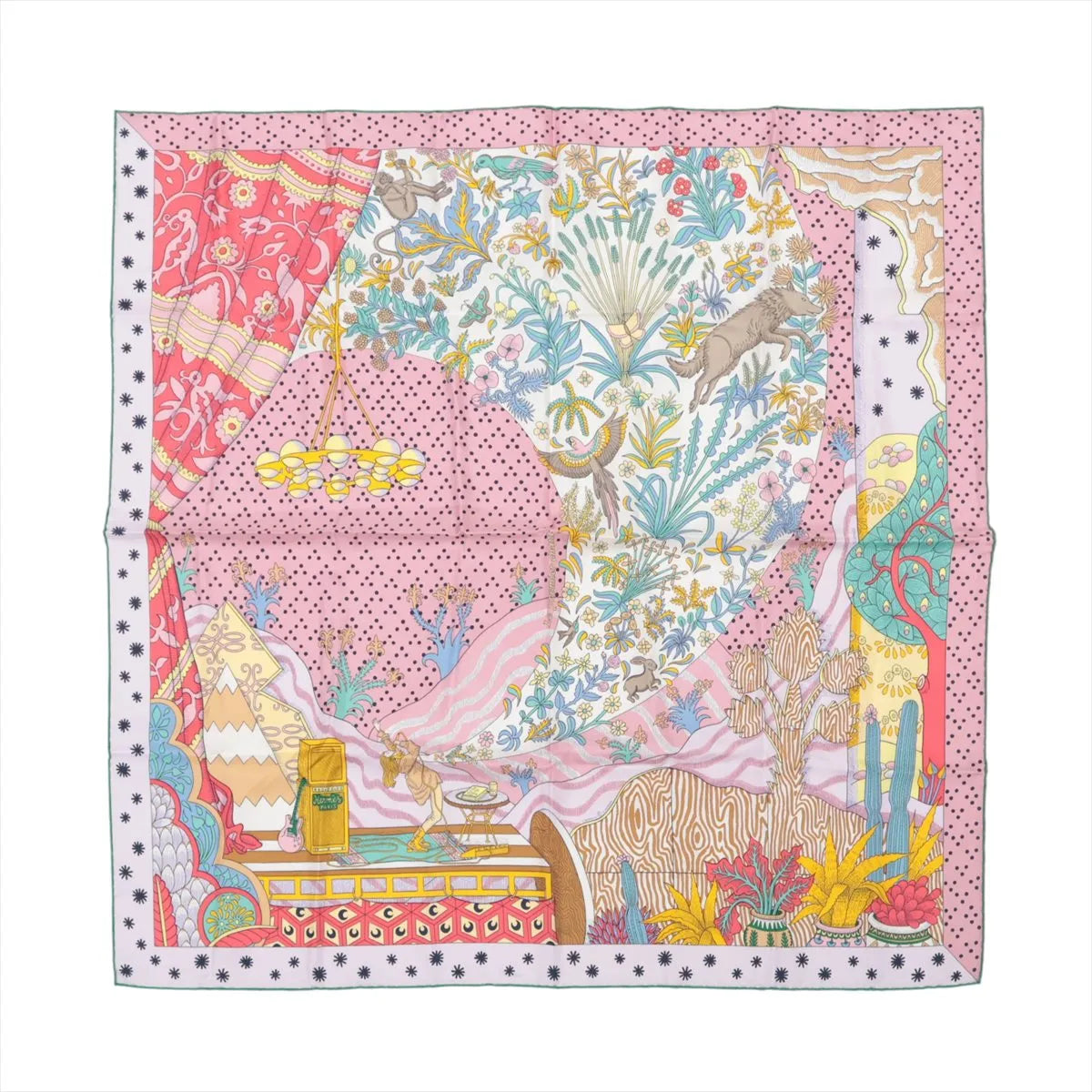 Hermès Carré 90 "Le Premier Chant" silk scarf in pink featuring a colorful, surreal landscape with animals, plants, a chandelier, and whimsical decor, all framed by a pink and white star-dotted border.