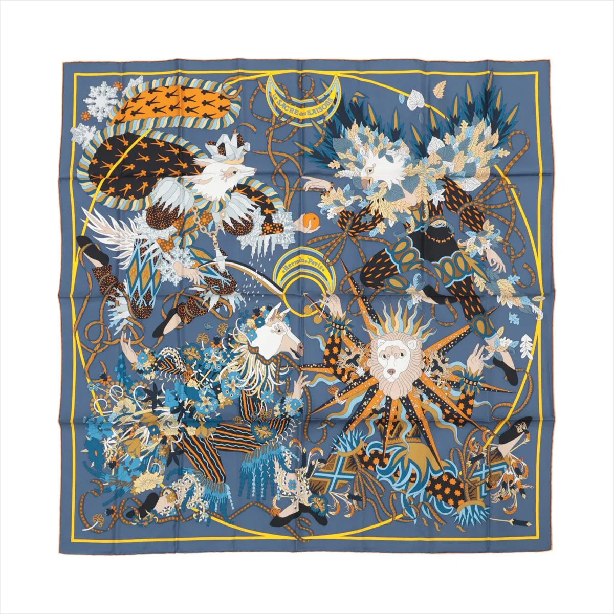 Hermès Carré 90 silk scarf titled "Le Sacre des Saisons," featuring a gray background with an intricate design of fantastical animals, floral patterns, and seasonal symbols in vibrant blue, gold, orange, and white hues, bordered in navy and yellow.