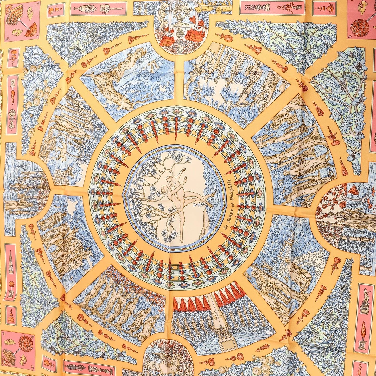 Hermès Carré 90 "Le Songe de Poliphile" Silk handkerchief in Orange