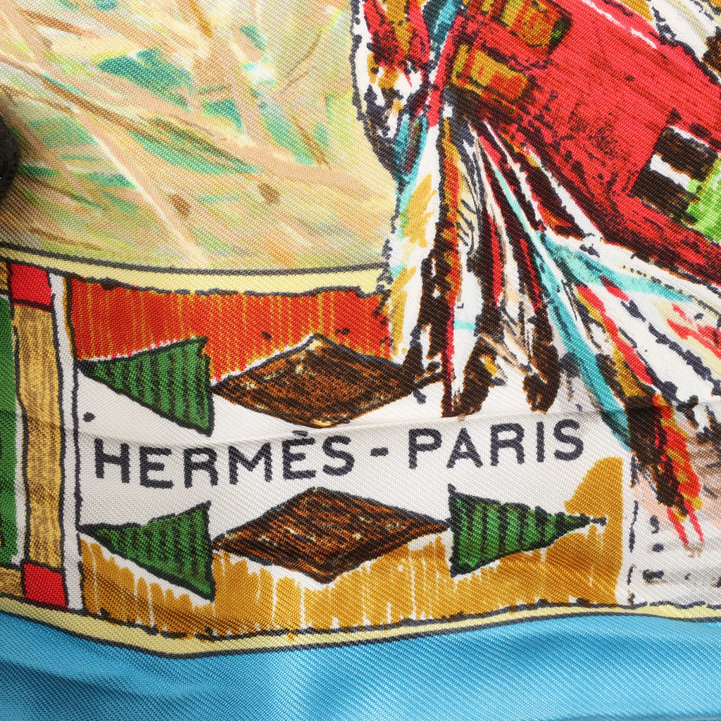 Hermès Carré 90 "Les Cheyennes" Silk handkerchief in Beige x Blue