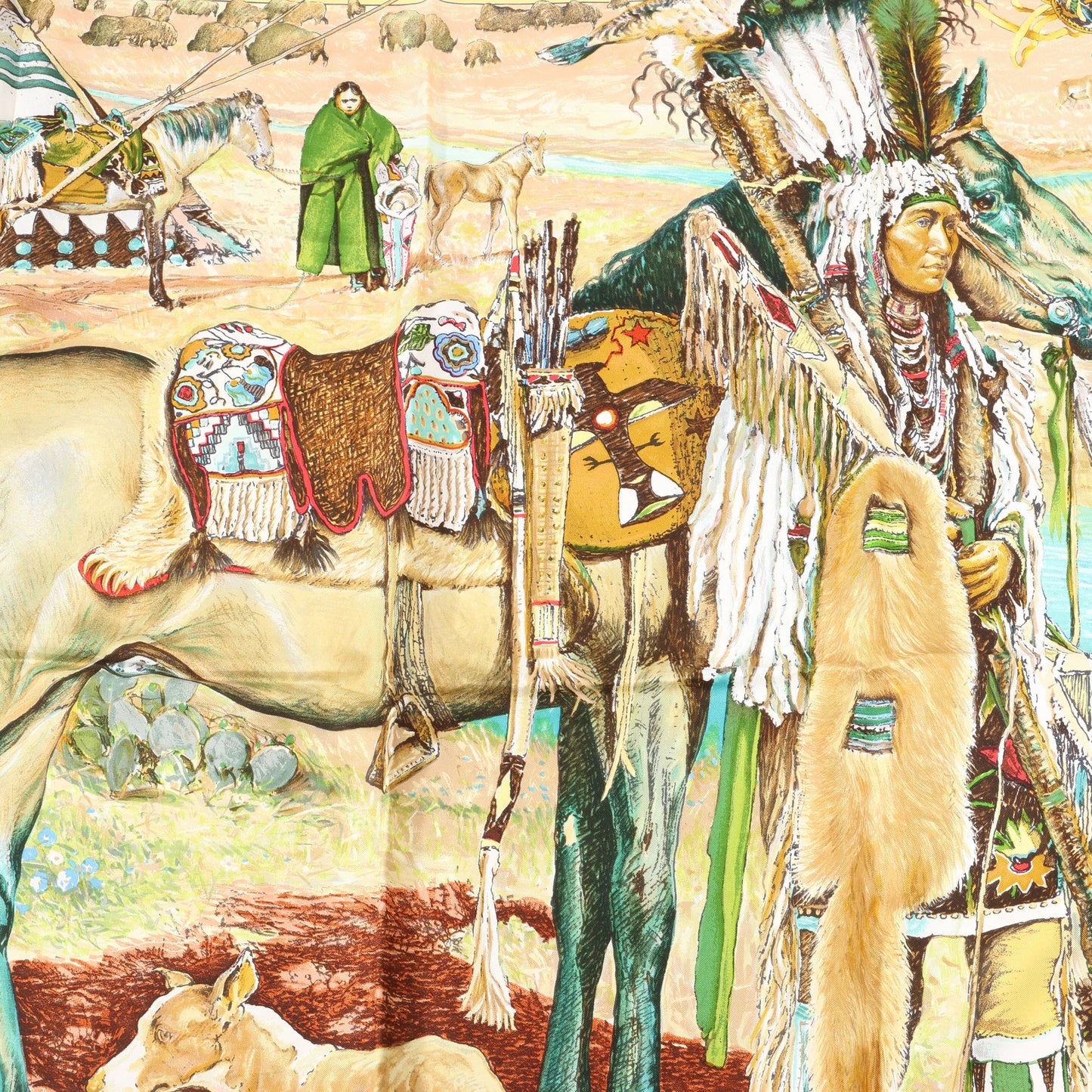 Hermès Carré 90 „Les Cheyennes“ Seidentaschentuch in Beige x Blau