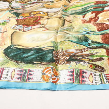 Hermès Carré 90 „Les Cheyennes“ Seidentaschentuch in Beige x Blau