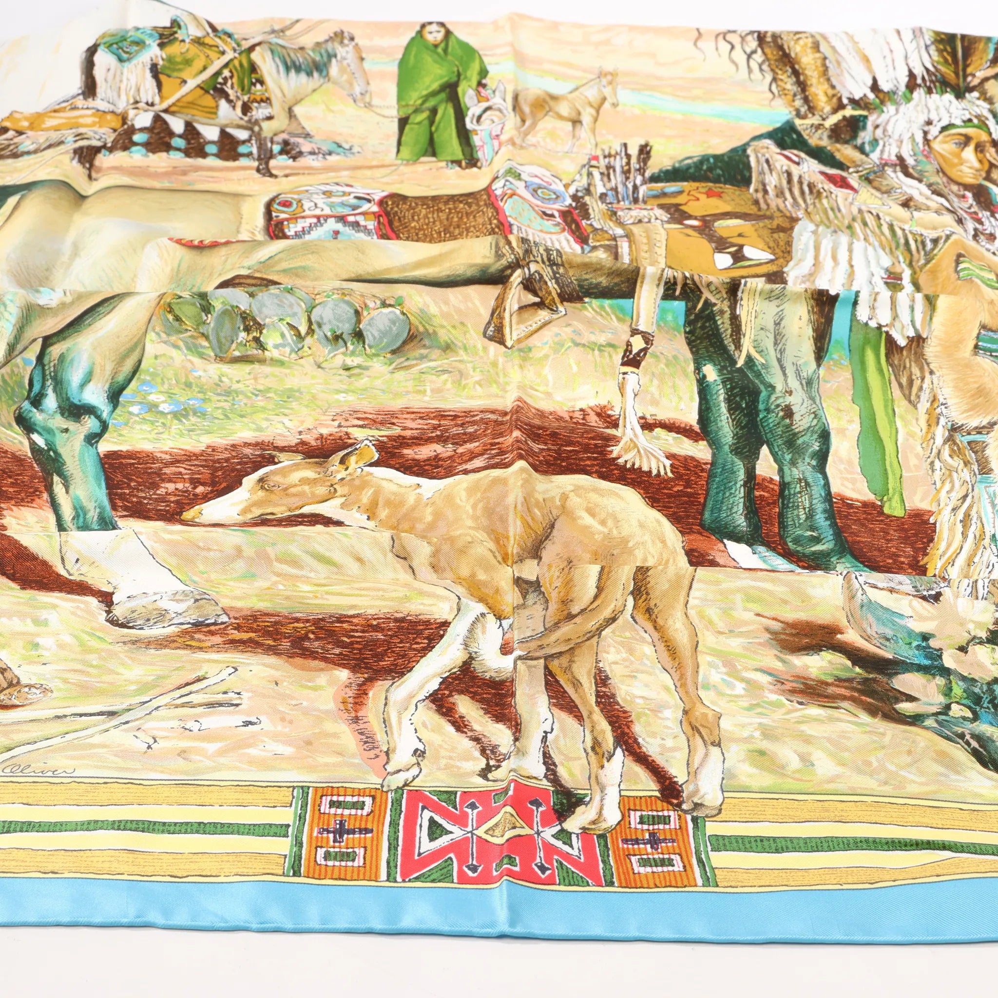 Hermès Carré 90 "Les Cheyennes" Silk handkerchief in Beige x Blue