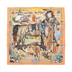 Hermès Carré 90 silk scarf in orange with an illustrated scene featuring a horse, foal, tipi, and figure, bordered by decorative multicolor motifs, laid flat on white background.