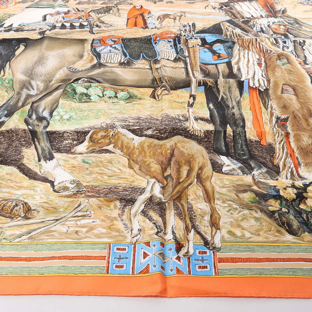Hermès Carré 90 "Les Cheyennes" Silk handkerchief in Orange