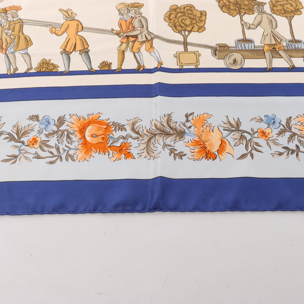 Hermès Carré 90 "Les Jardiniers du Roy" Silk handkerchief in Blue