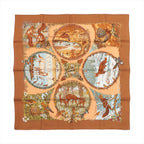 Brown Hermès Carré 90 silk scarf laid flat with illustrated woodland animals and seasonal scenes in circular panels, framed by a brown border on white background.