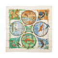 Ivory Hermès Carré 90 silk scarf with illustrated deer, birds, squirrels and seasonal woodland scenes in circular panels.