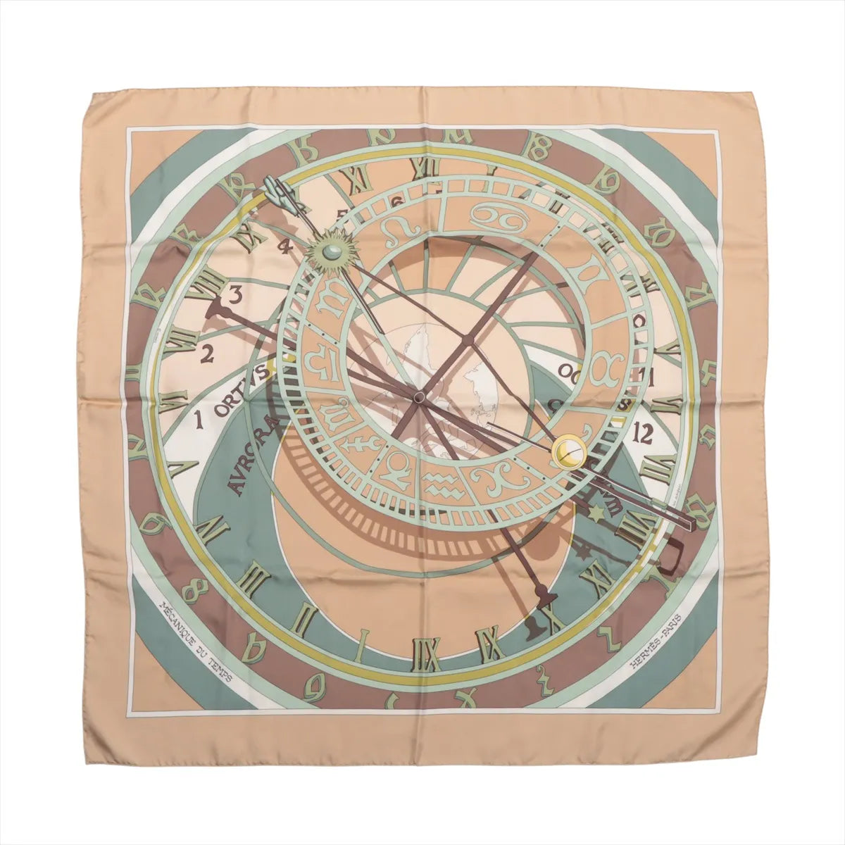 Hermès Carré 90 "MECANIQUE DU TEMPS" silk scarf in beige with an elaborate clock face, zodiac symbols, and Roman numerals in muted tones.