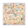 Hermès Carré 90 beige silk scarf with illustrated rabbits, flowers, and animals in pastel colors, framed by a light beige border with blue trim.