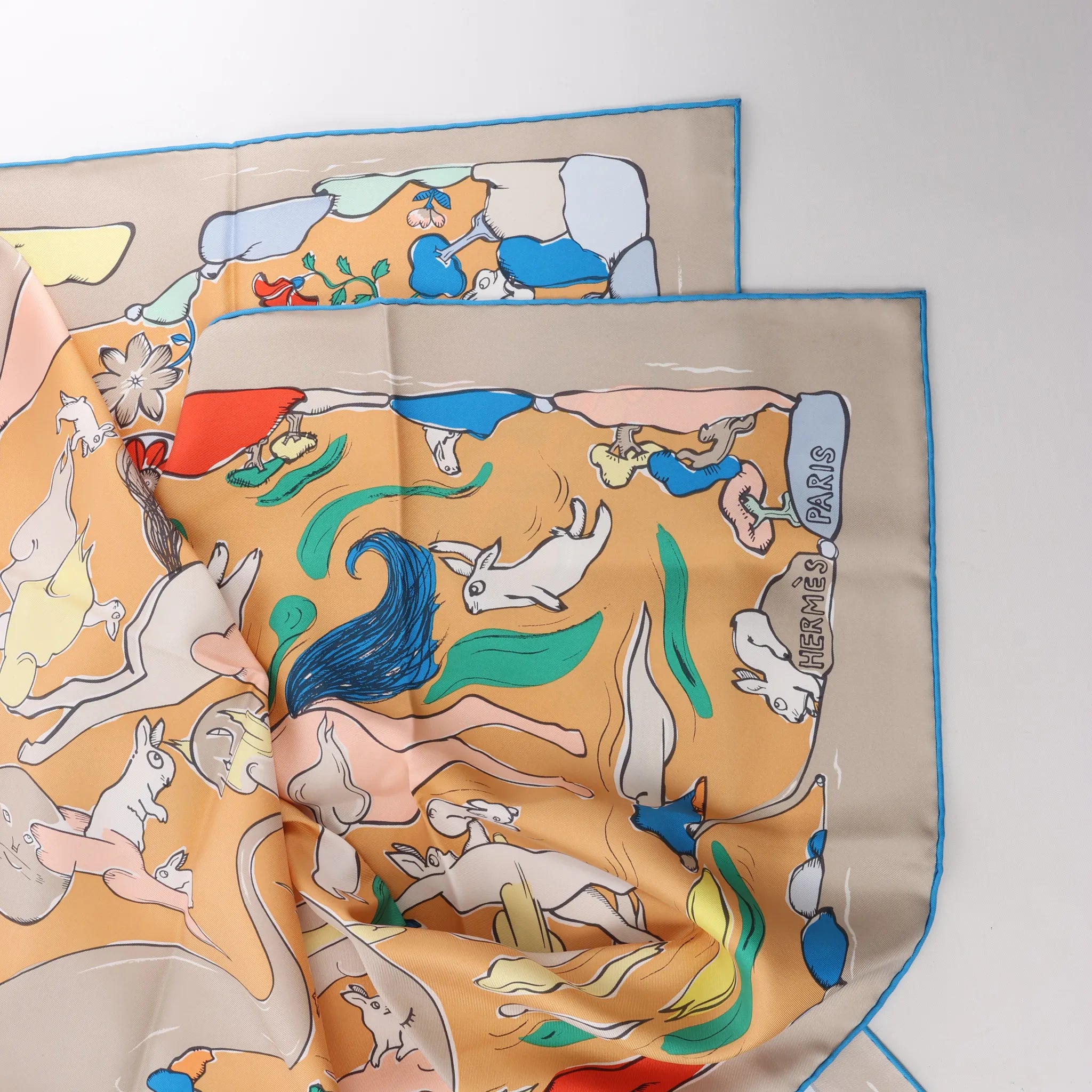 Hermès Carré 90 "MILLE ET UN LAPINS" Silk handkerchief in Beige