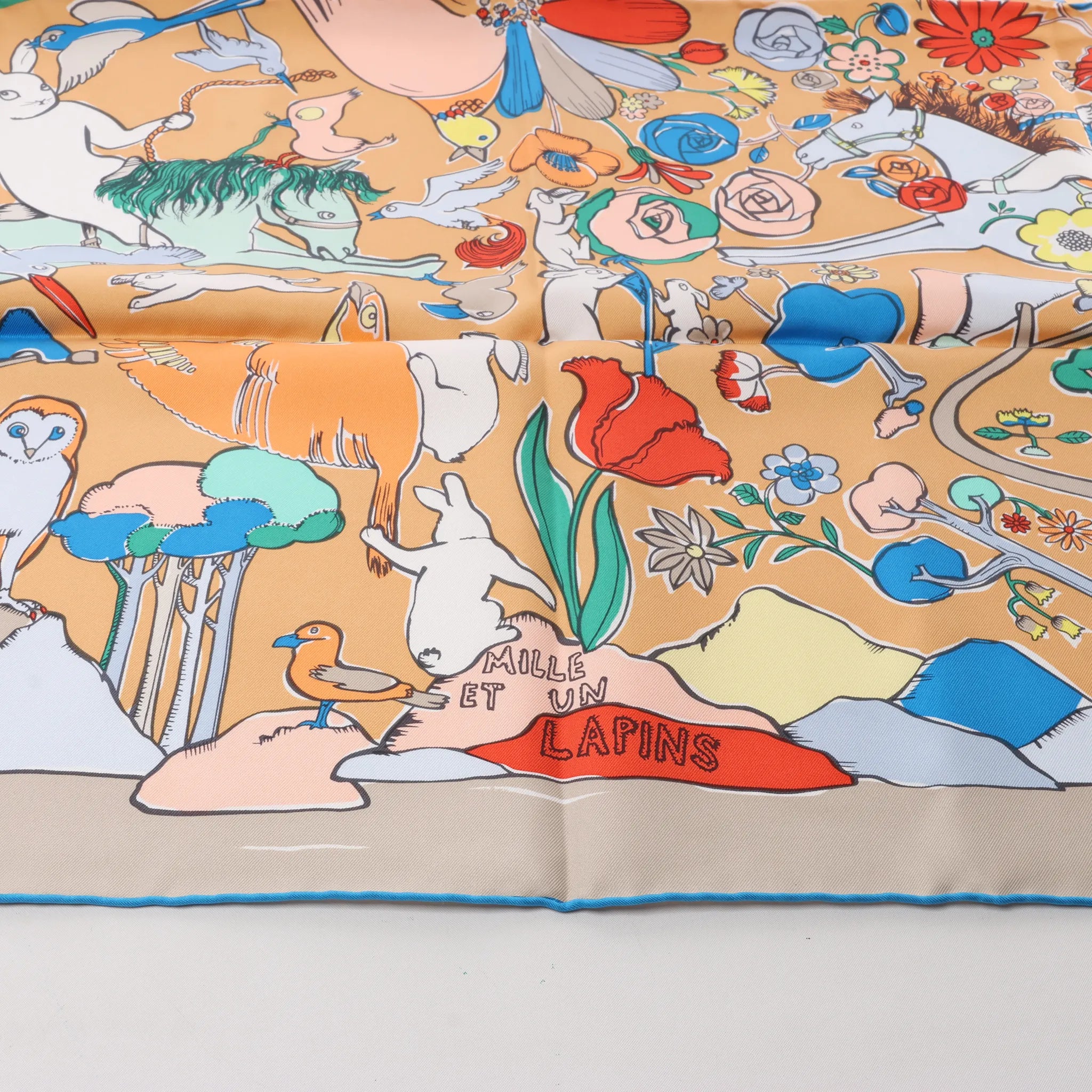 Hermès Carré 90 "MILLE ET UN LAPINS" Silk handkerchief in Beige