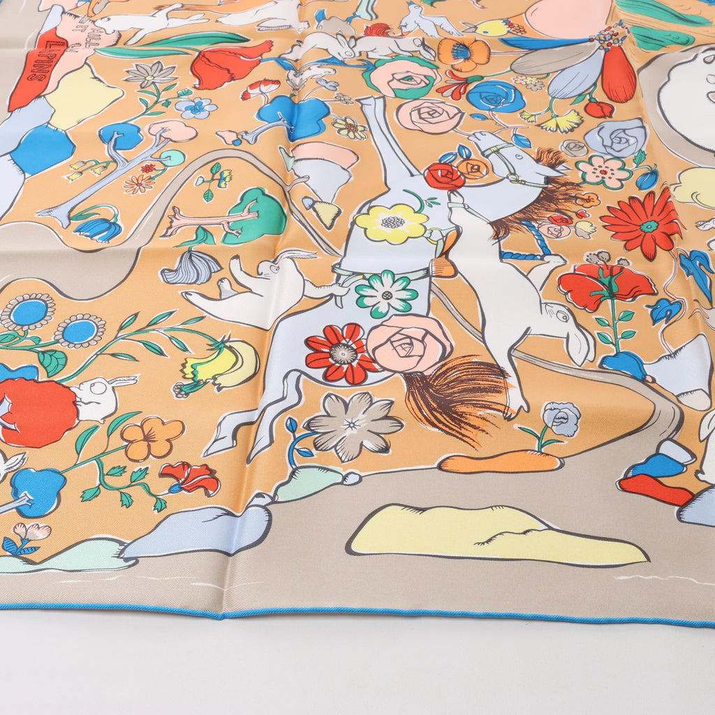 Hermès Carré 90 "MILLE ET UN LAPINS" Silk handkerchief in Beige