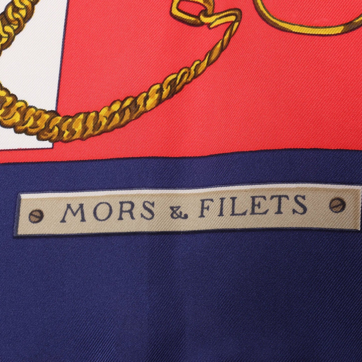 Hermès Carré 90 "MORS&FILETS" Silk handkerchief in Red x Navy Blue