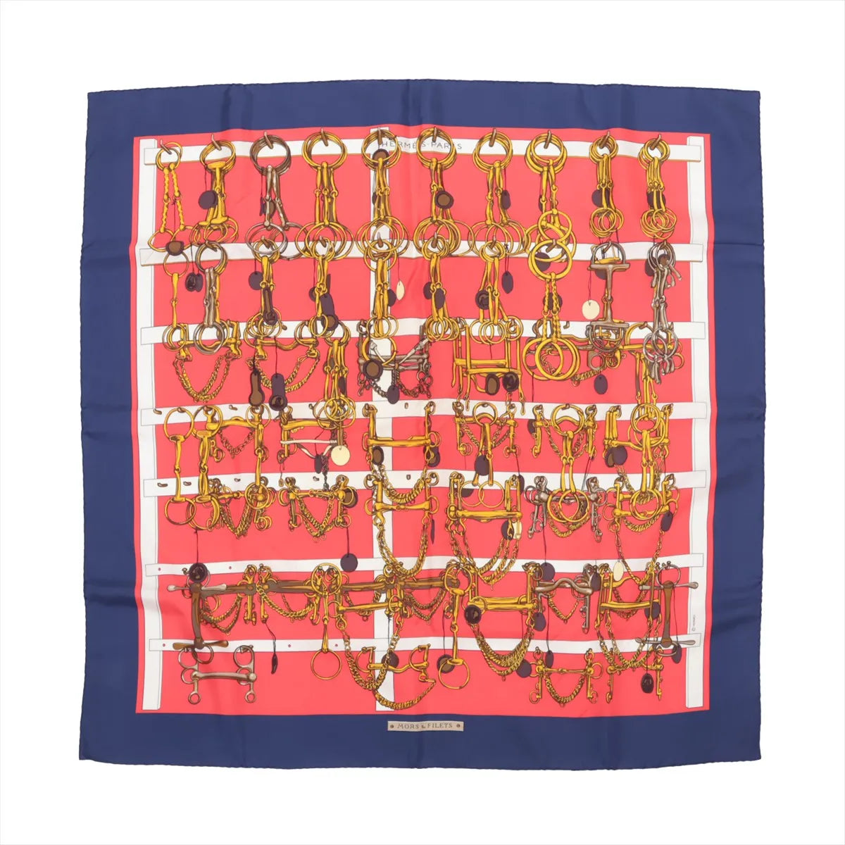 Hermès Carré 90 "MORS&FILETS" Silk handkerchief in Red x Navy Blue
