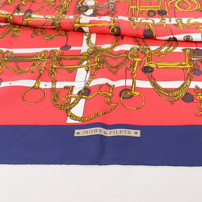 Hermès Carré 90 "MORS&FILETS" Silk handkerchief in Red x Navy Blue