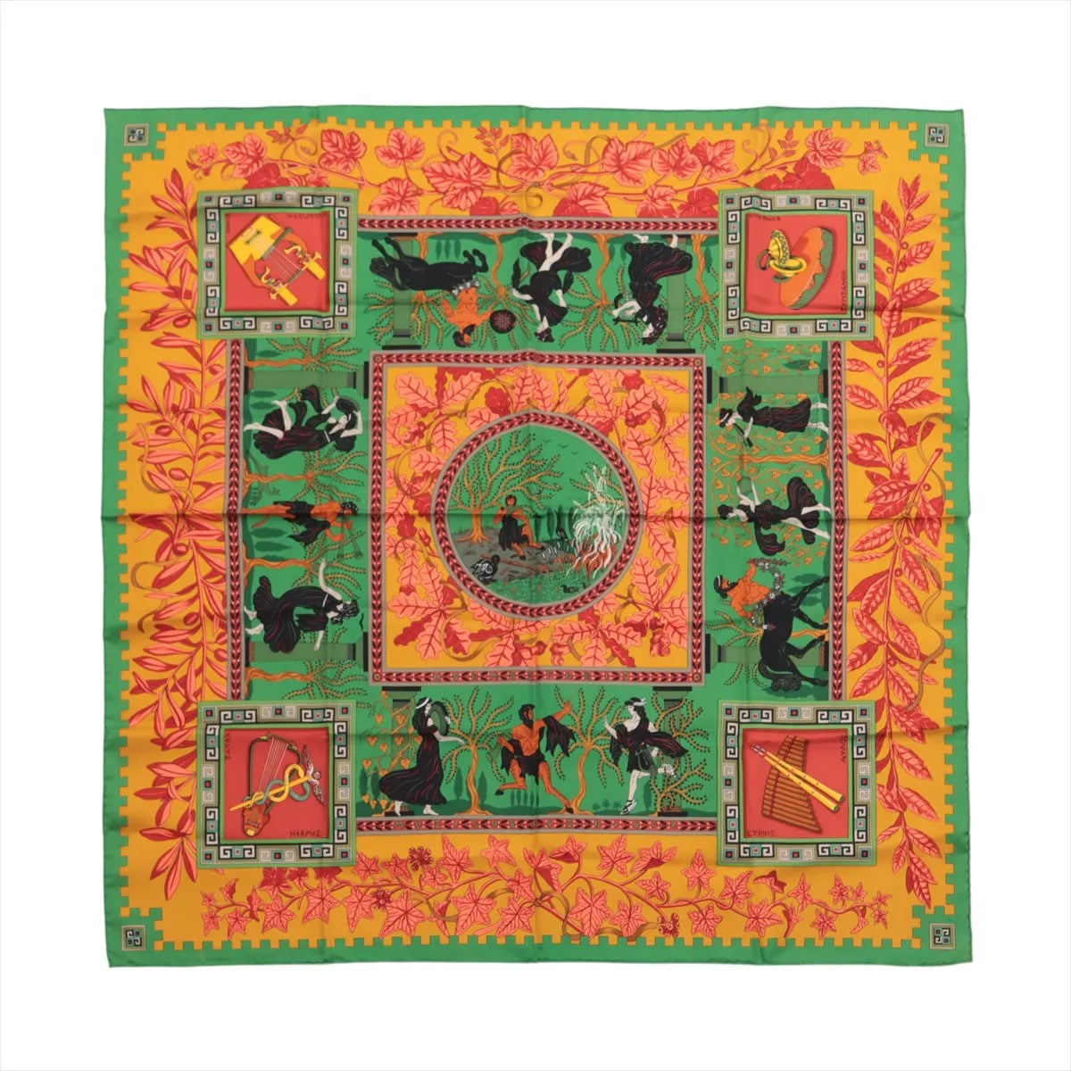 Hermès Carré 90 “Musique des Dieux” silk scarf in orange and green, featuring mythological figures, animals, and instruments in an ornate, symmetrical layout with detailed foliage borders.