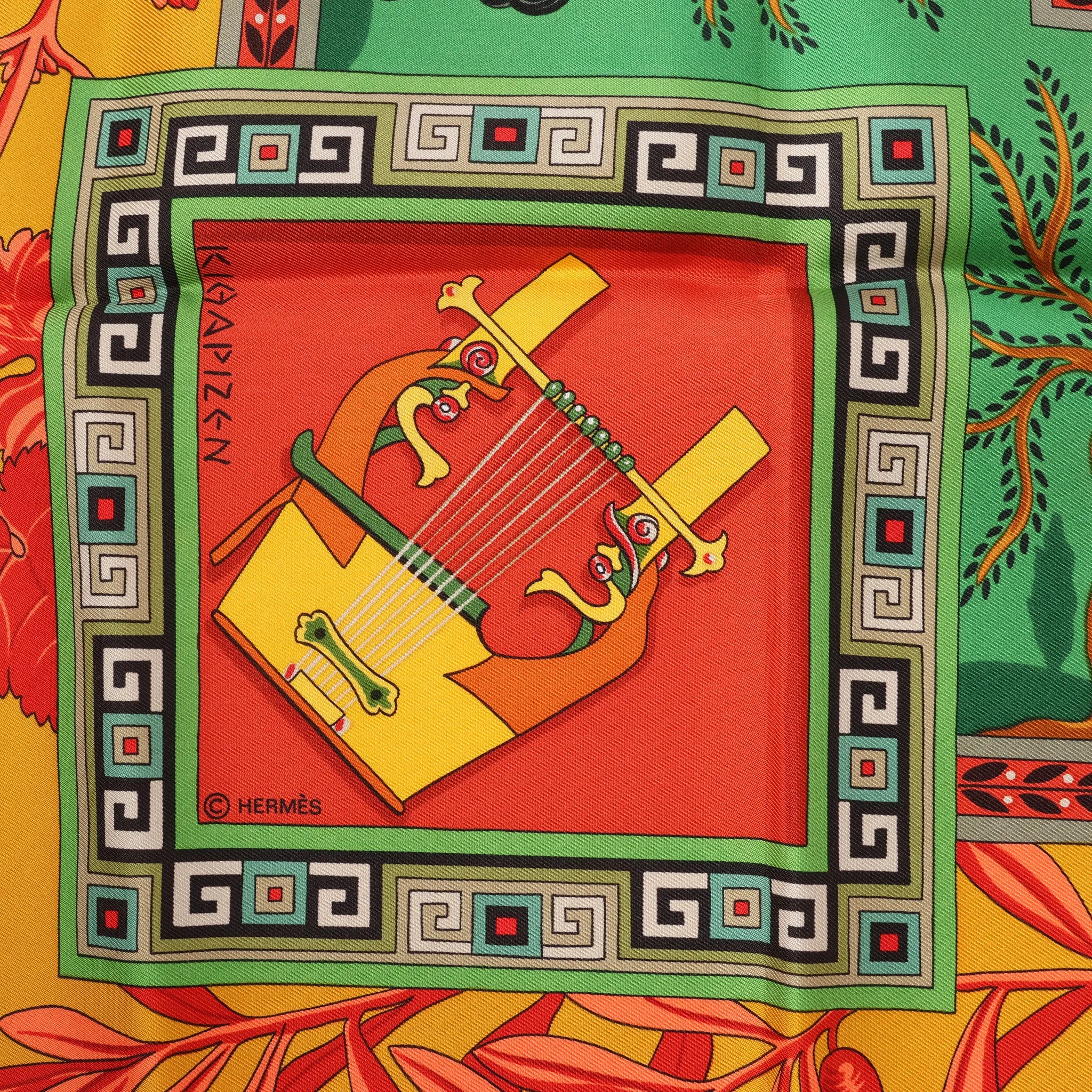 Hermès Carré 90 "MUSIQUE DES DIEUX" Silk handkerchief in Orange x Green