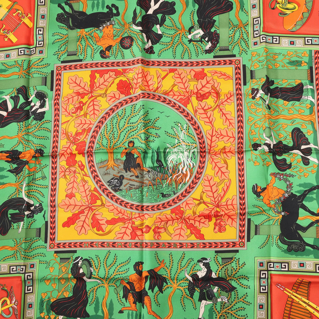 Hermès Carré 90 "MUSIQUE DES DIEUX" Silk handkerchief in Orange x Green