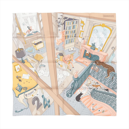 Top-down view of Hermès Carré 90 "Mystère au 24" silk handkerchief in multicolor, showcasing a detailed illustrated interior scene with animals, books, and furniture in soft tones of peach, blue, beige, and yellow, accented by whimsical, storytelling elements.