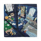 Navy blue Hermès square scarf with illustrated interior scene featuring a staircase, fireplace, bookshelf, furniture and animal motifs.
