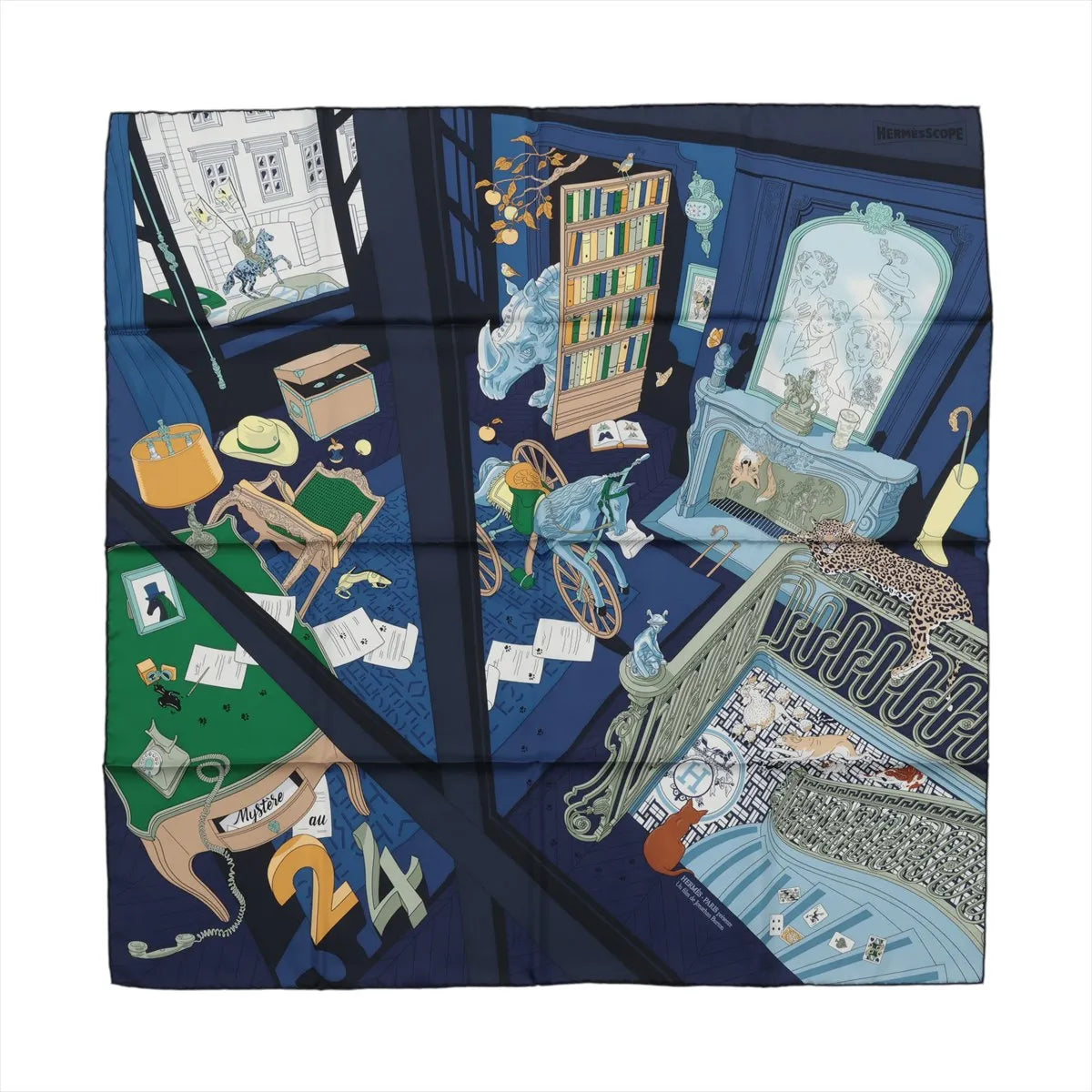 Navy blue Hermès square scarf with illustrated interior scene featuring a staircase, fireplace, bookshelf, furniture and animal motifs.