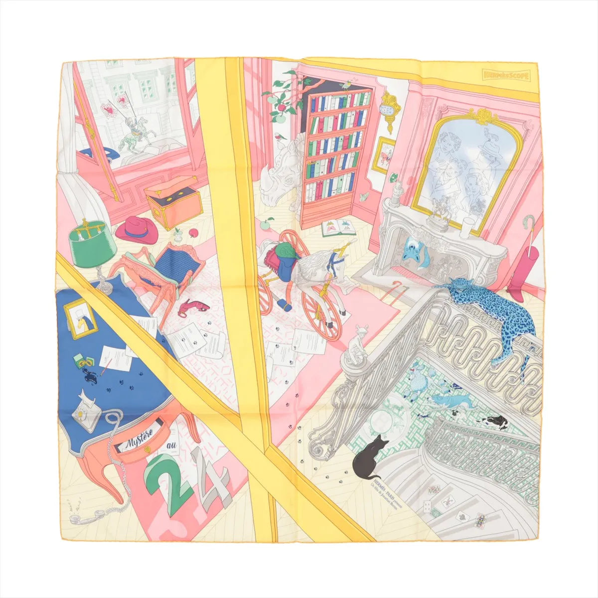 Hermès Carré 90 silk scarf titled "Mystère au 24," featuring a colorful, illustrated interior scene with bookshelves, staircases, animals, scattered papers, and whimsical objects in pink, yellow, blue, and green tones, designed in a playful, storybook style.