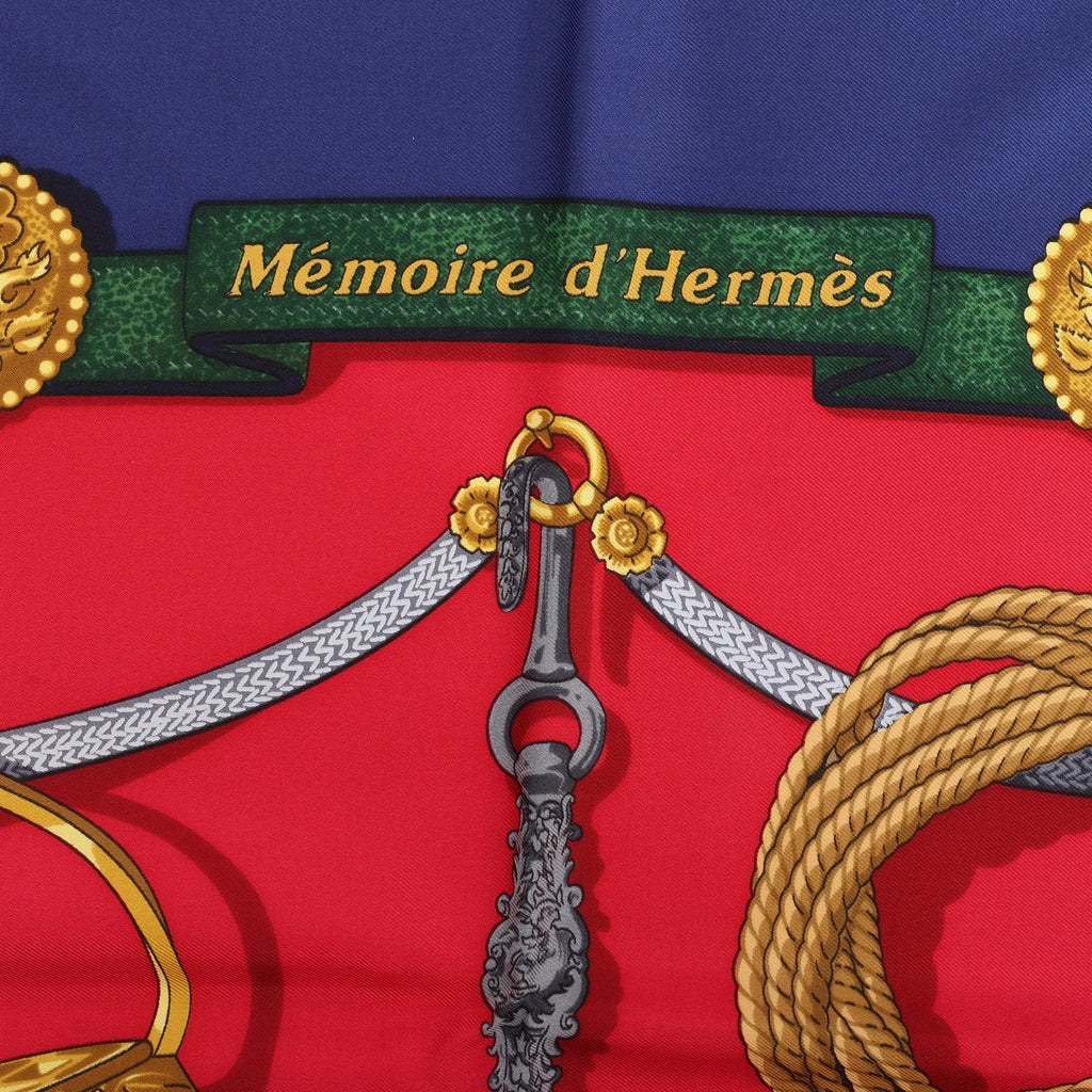 Hermès Carré 90 "Memoire d'Hermes" Silk handkerchief in Navy Blue x Red