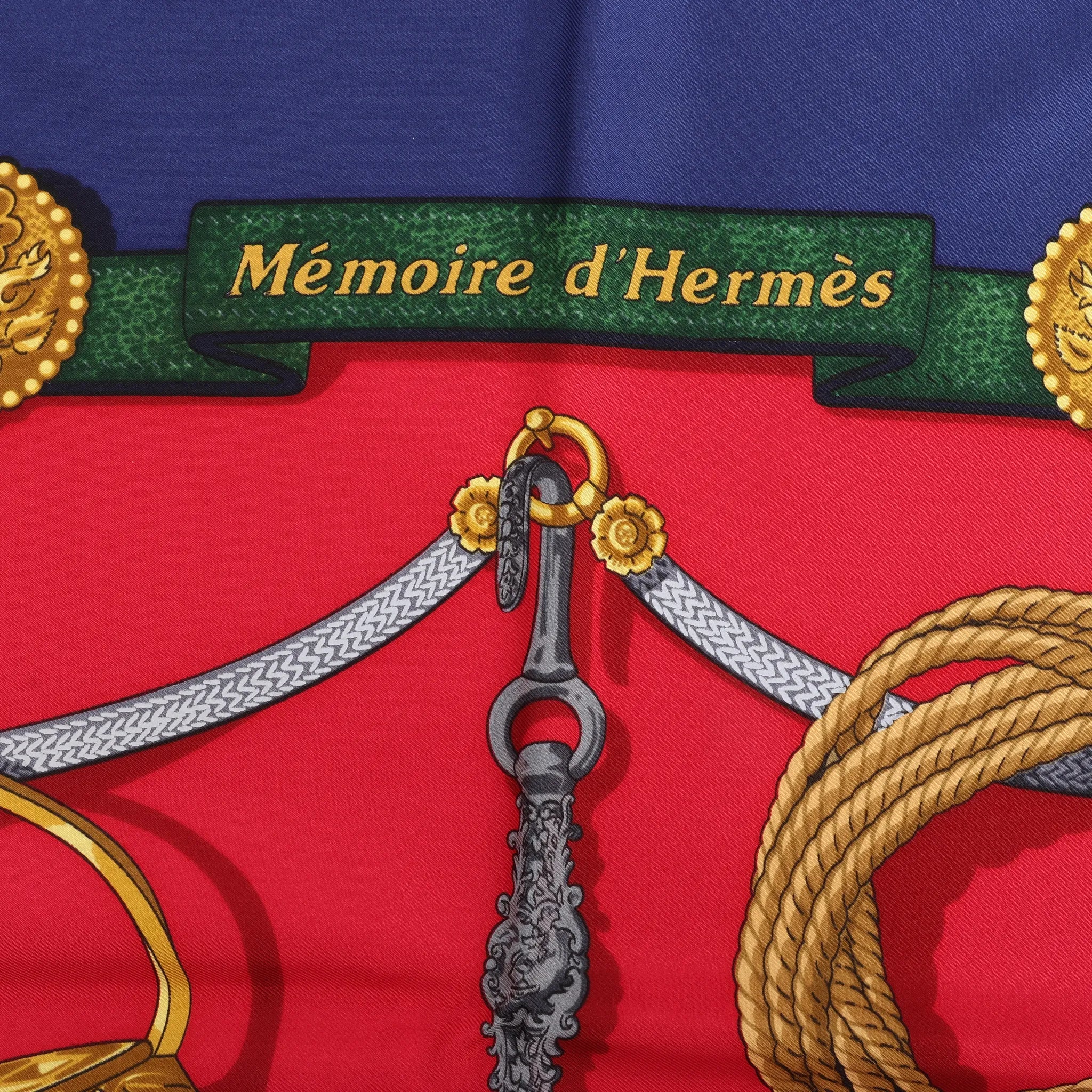 Hermès Carré 90 "Memoire d'Hermes" Silk handkerchief in Navy Blue x Red