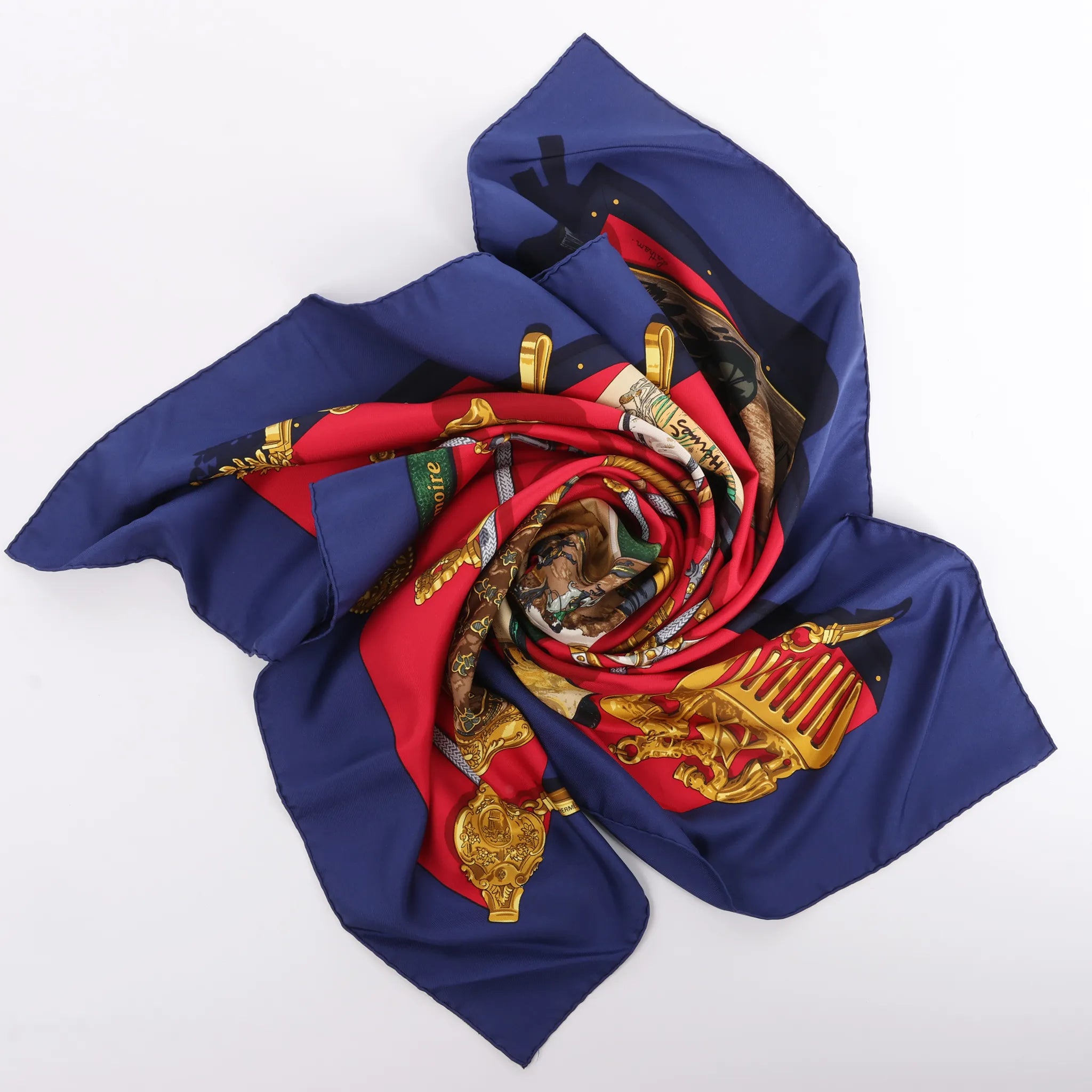 Hermès Carré 90 "Memoire d'Hermes" Silk handkerchief in Navy Blue x Red