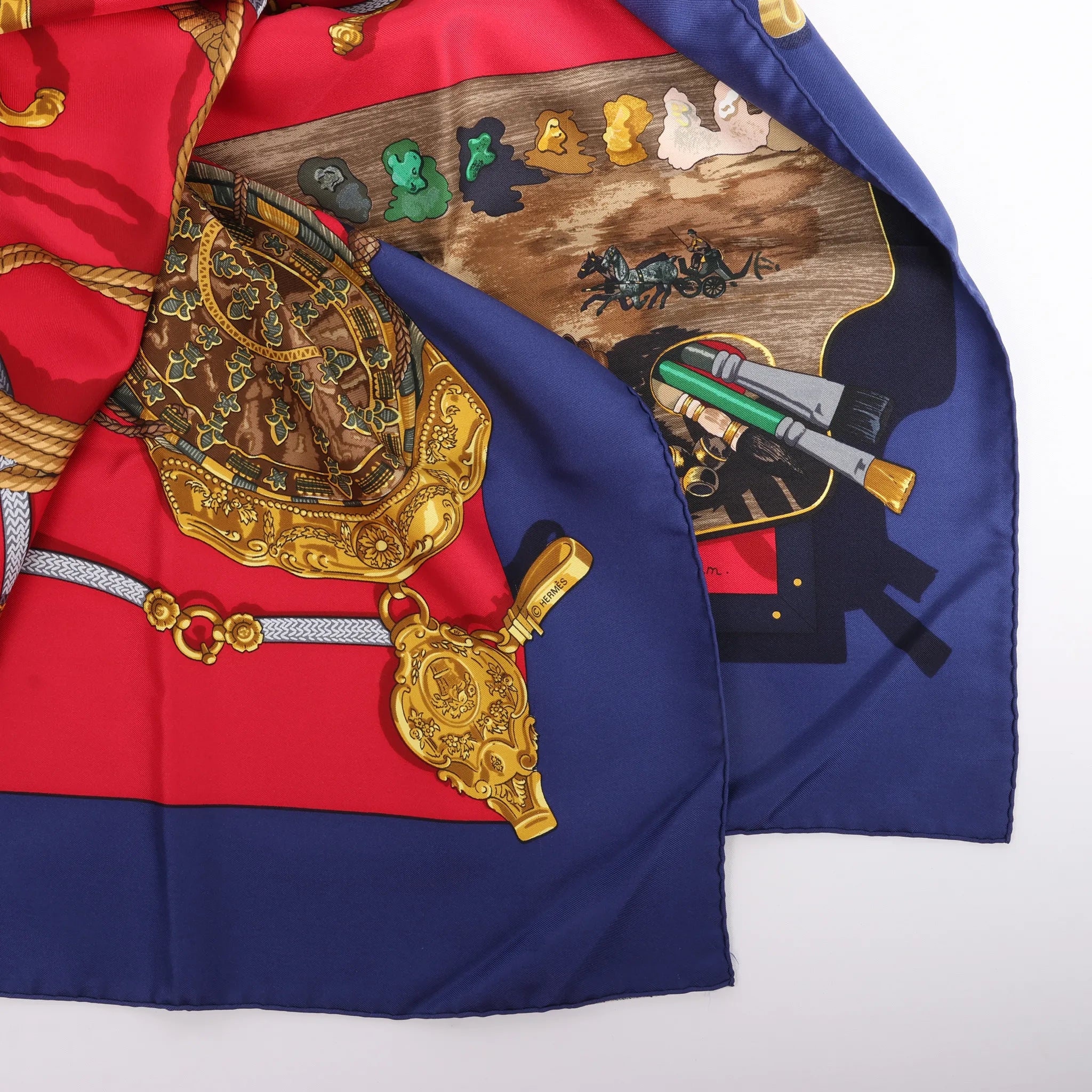 Hermès Carré 90 "Memoire d'Hermes" Silk handkerchief in Navy Blue x Red