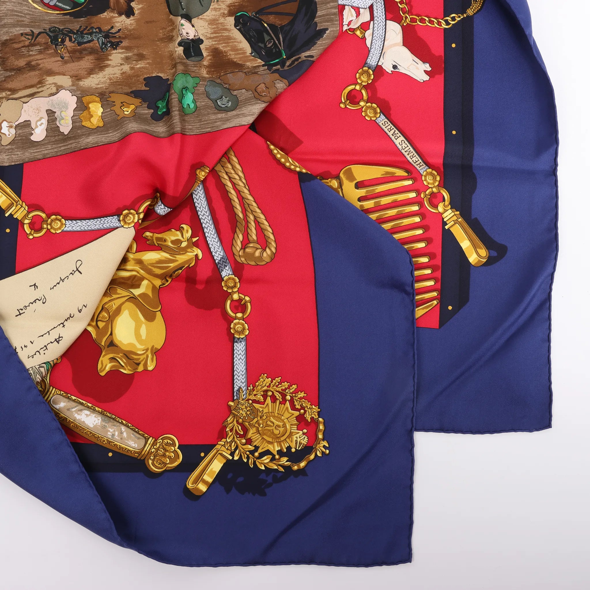 Hermès Carré 90 "Memoire d'Hermes" Silk handkerchief in Navy Blue x Red