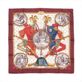 Hermès Carré 90 burgundy silk scarf with “Napoleon” design featuring red and blue uniforms, gold eagles, laurel wreath frames, and sepia equestrian scenes on a cream center.