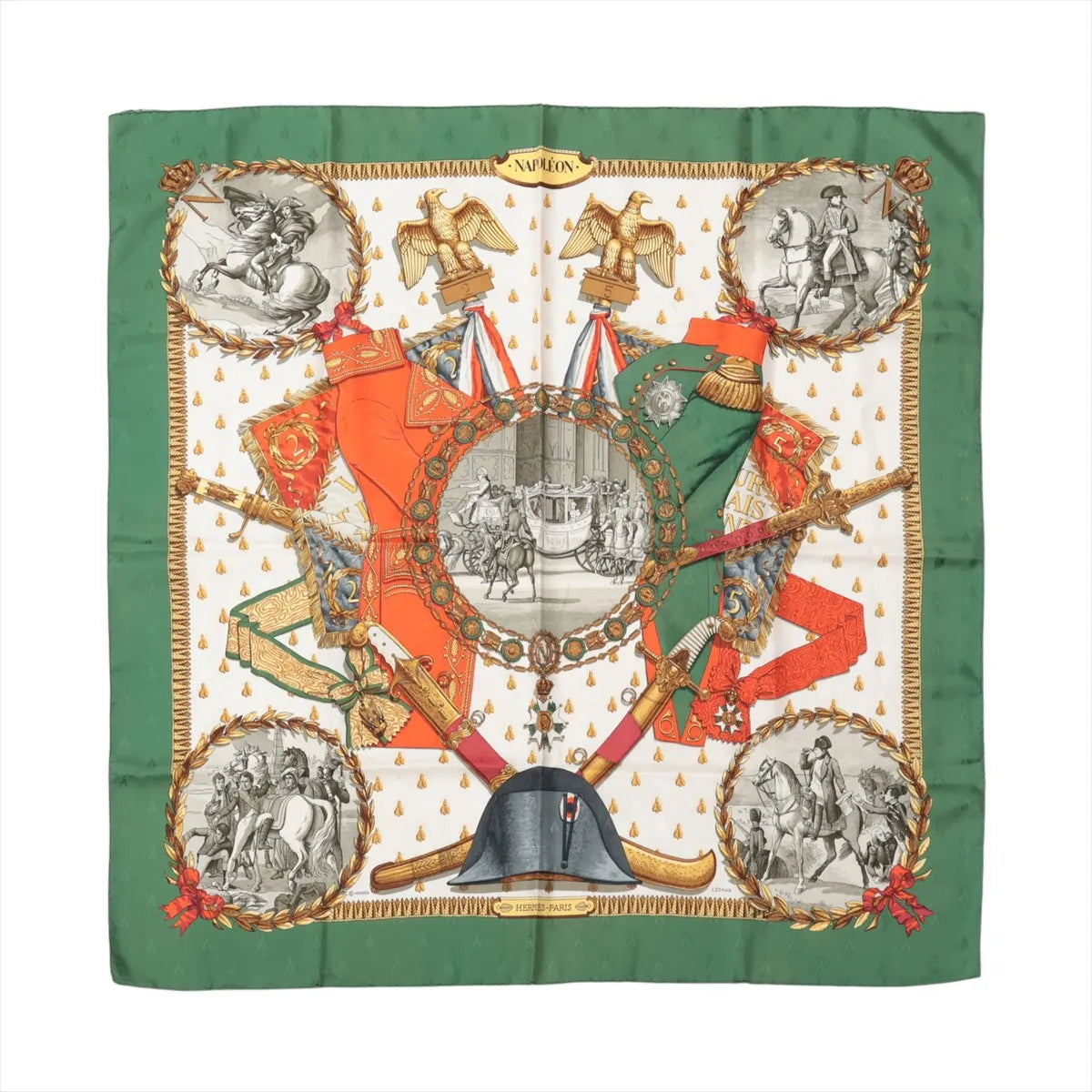 Hermès Carré 90 "NAPOLEON" silk scarf with green border, orange and gold military motifs, and detailed illustrations of Napoleon and historical scenes.
