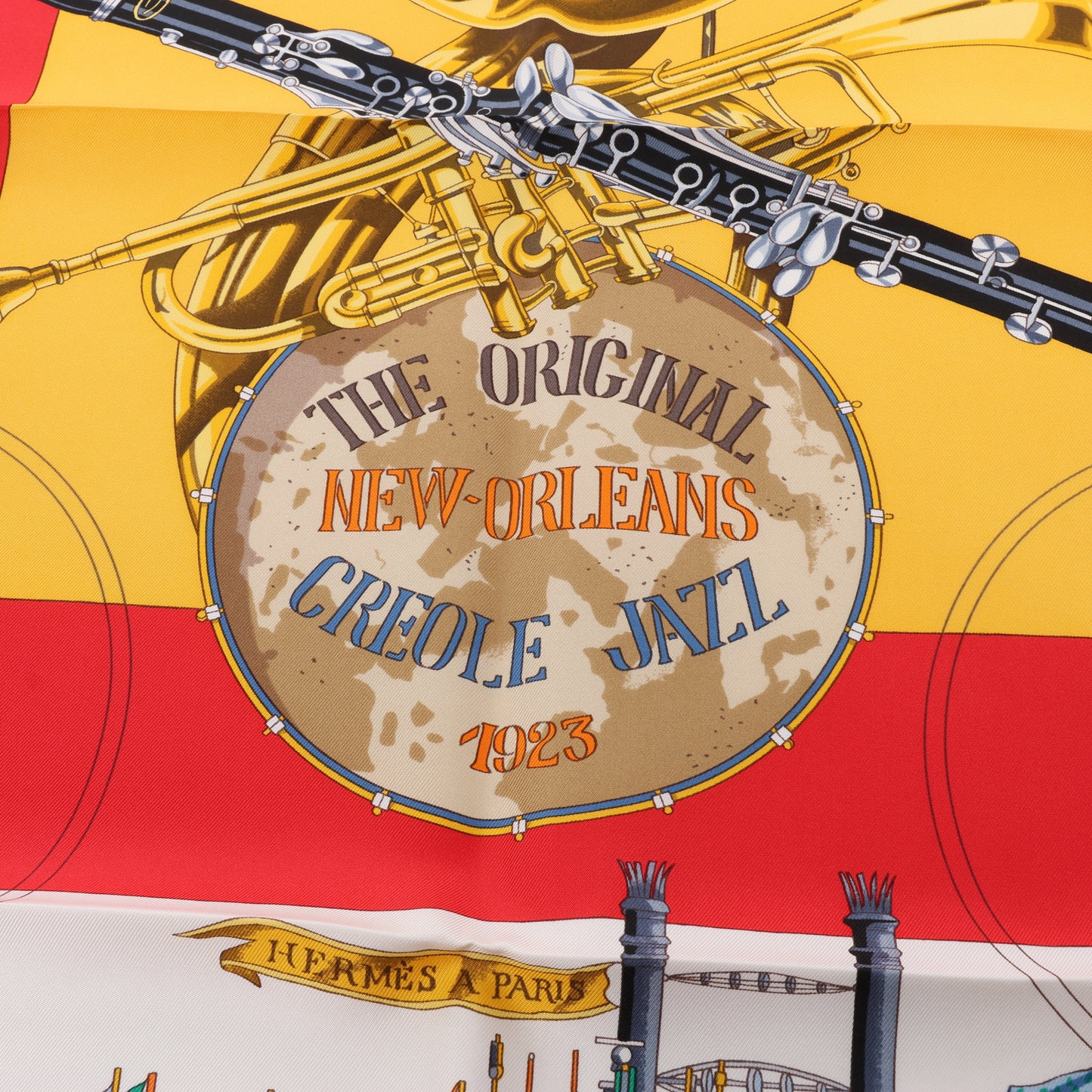Hermès Carré 90 „New Orleans Creole Jazz“ 100% Seidentuch in Orange