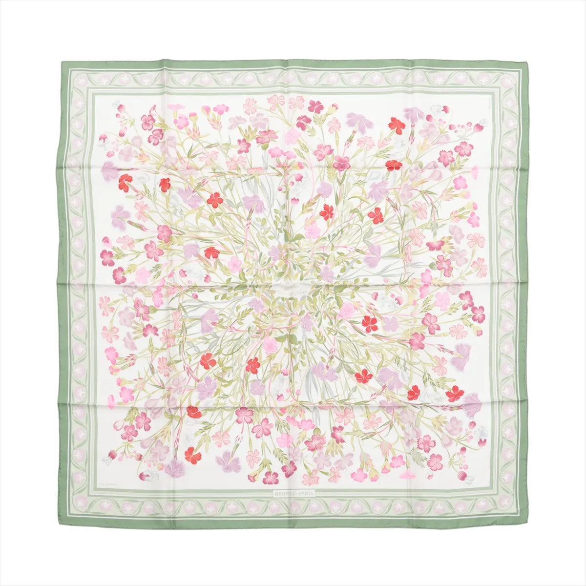 Hermès Carré 90 "OEillets sauvages et autres Caryophyllees" Silk handkerchief in Green